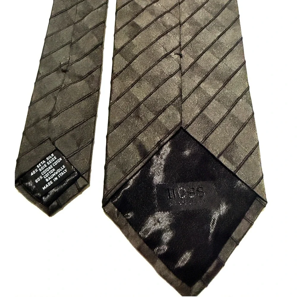 Hugo Boss Necktie Black Silk Cotton Textured Diagonal Grid Basketweave Tie